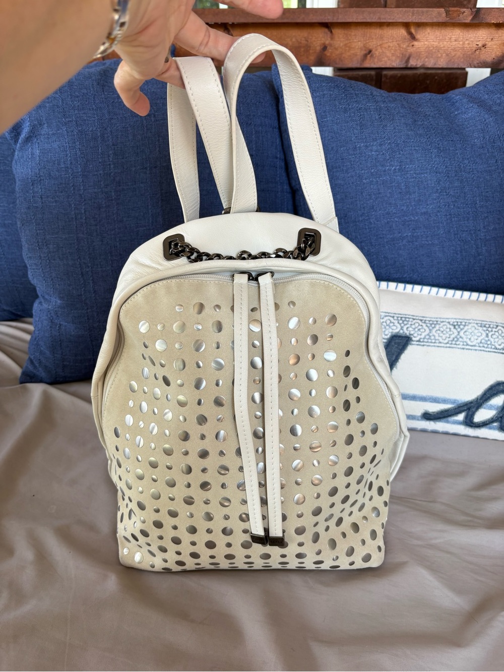 FURLA Italy White Leather Suede Studded Backpack Handbag EUC